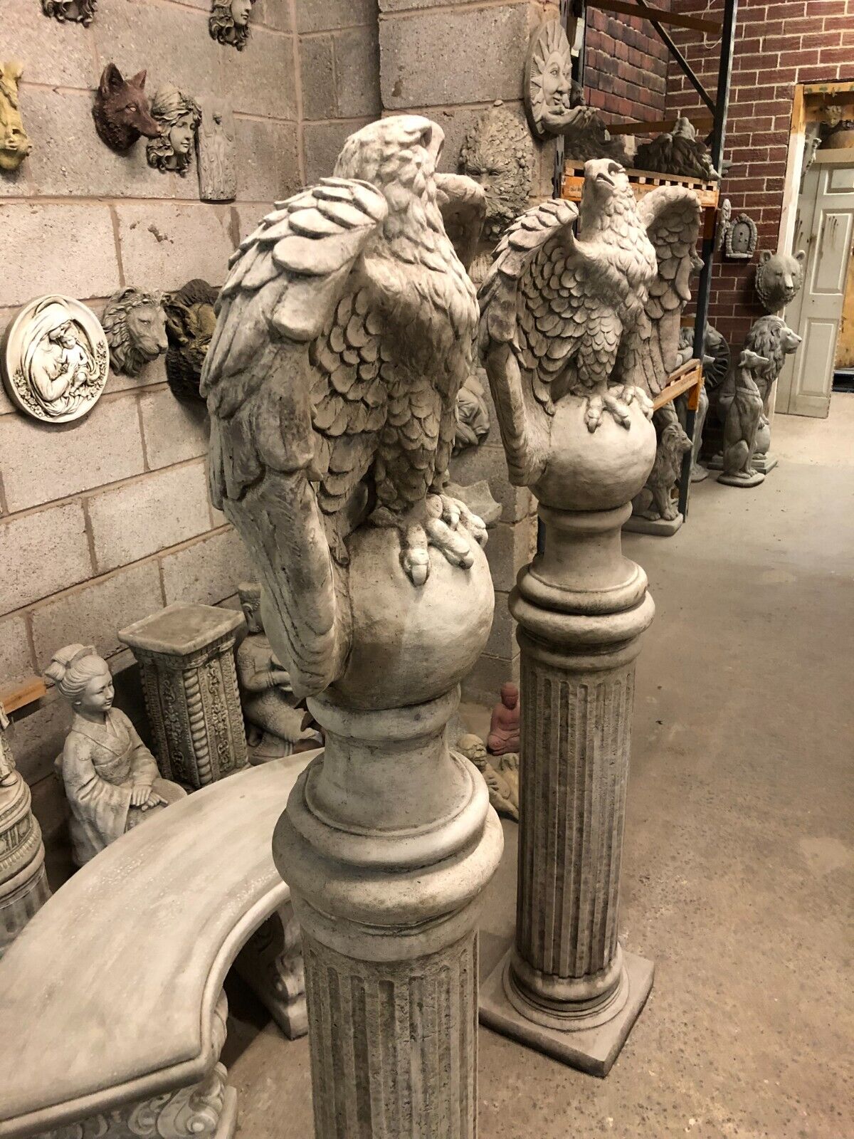 Pair of Stone Eagles Pedestal Statues