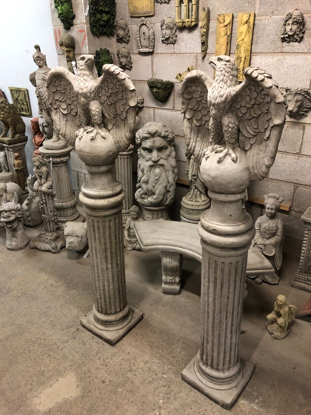 Pair of Stone Eagles Pedestal Statues
