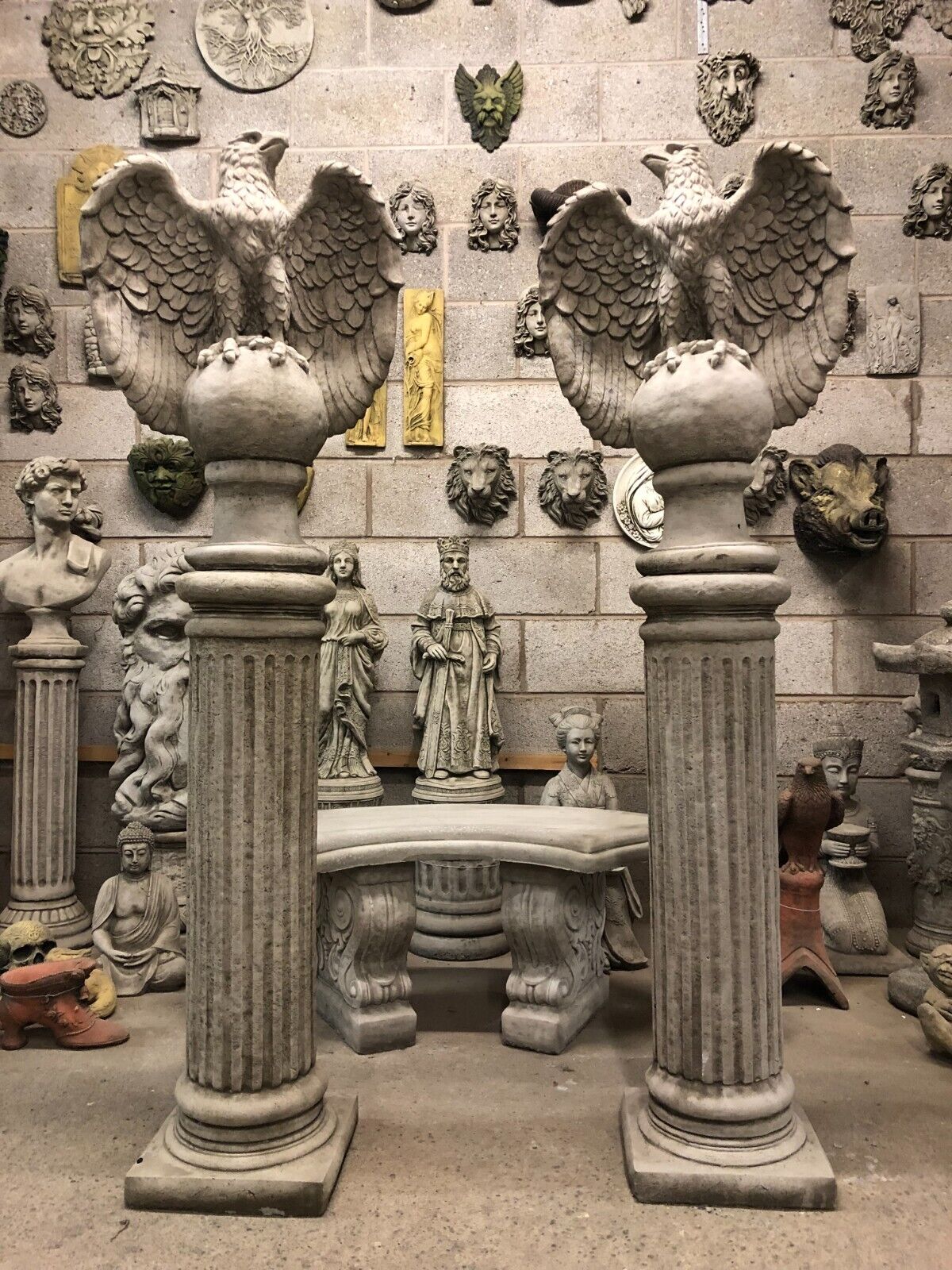 Pair of Stone Eagles Pedestal Statues