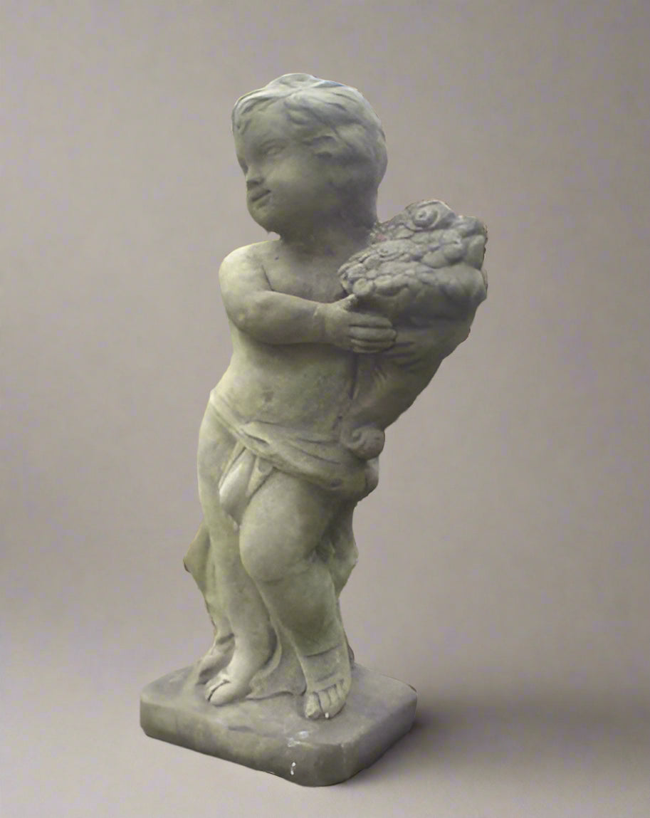 Stone Cherub Boy & Flowers Statue