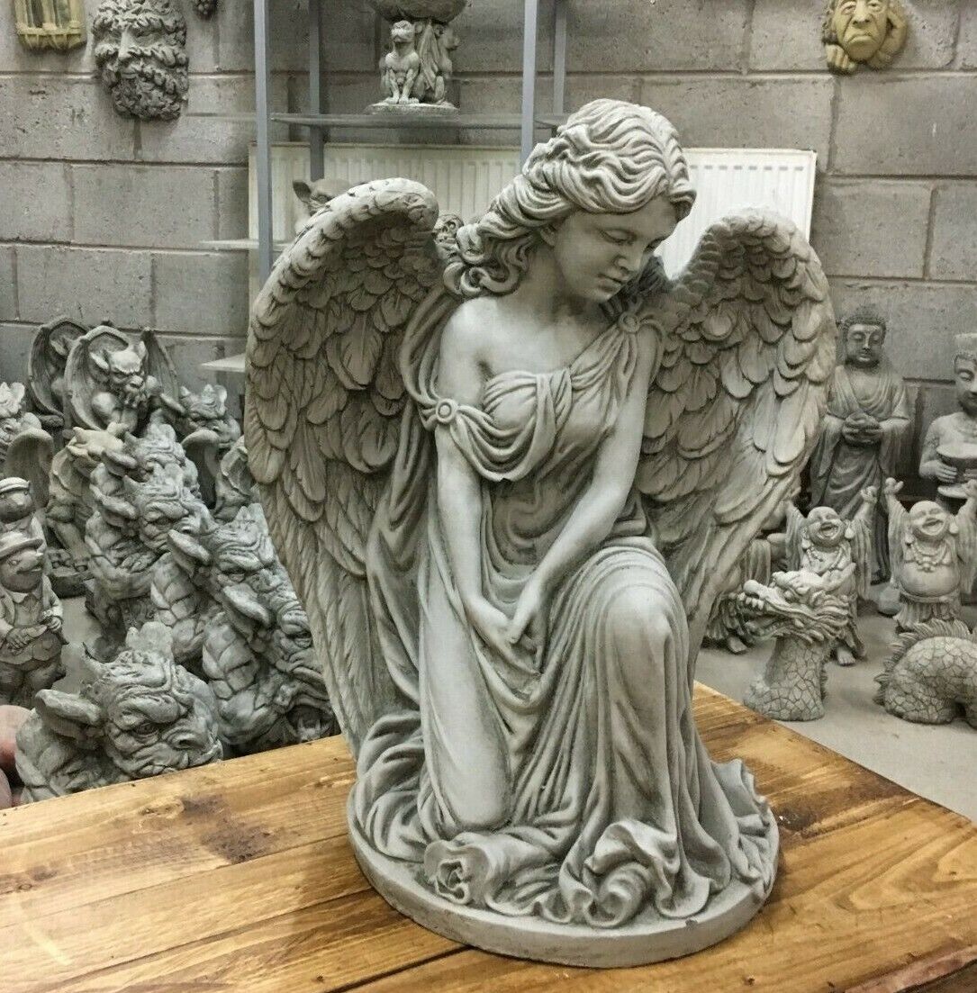 Stone Kneeling Angel Pedestal Statue