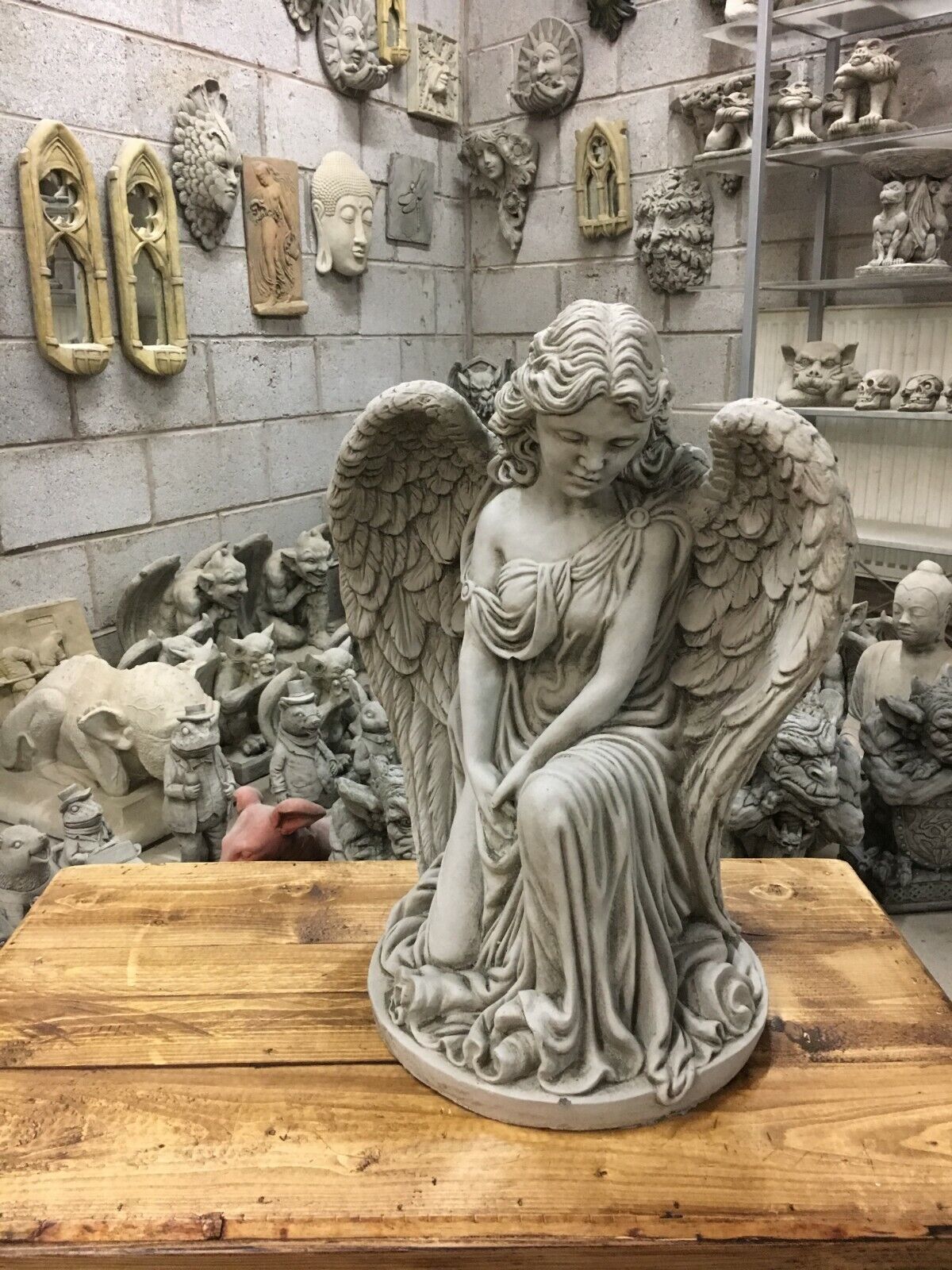 Stone Kneeling Angel Pedestal Statue