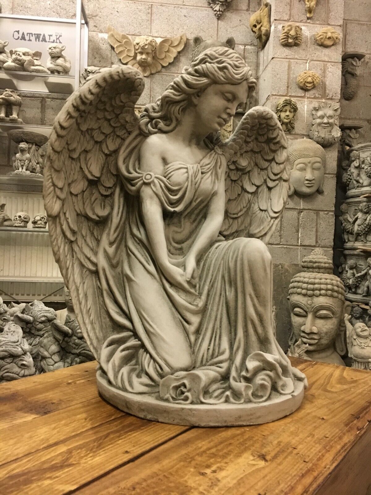 Stone Kneeling Angel Pedestal Statue