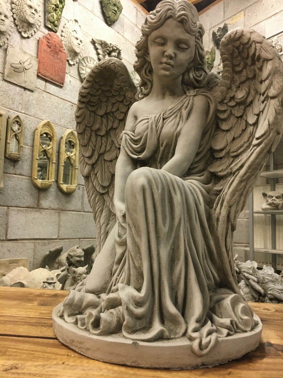 Stone Kneeling Angel Pedestal Statue