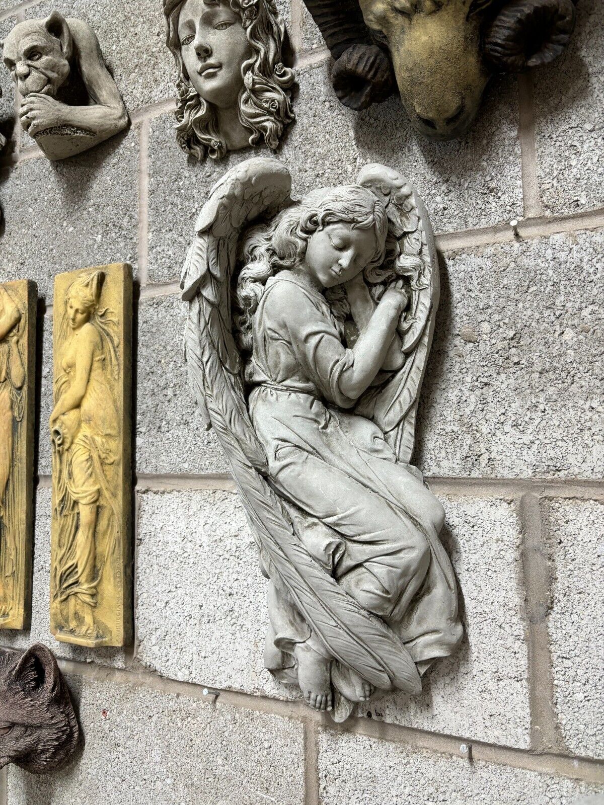 Large Stone Sleeping Angel Wall Plaque