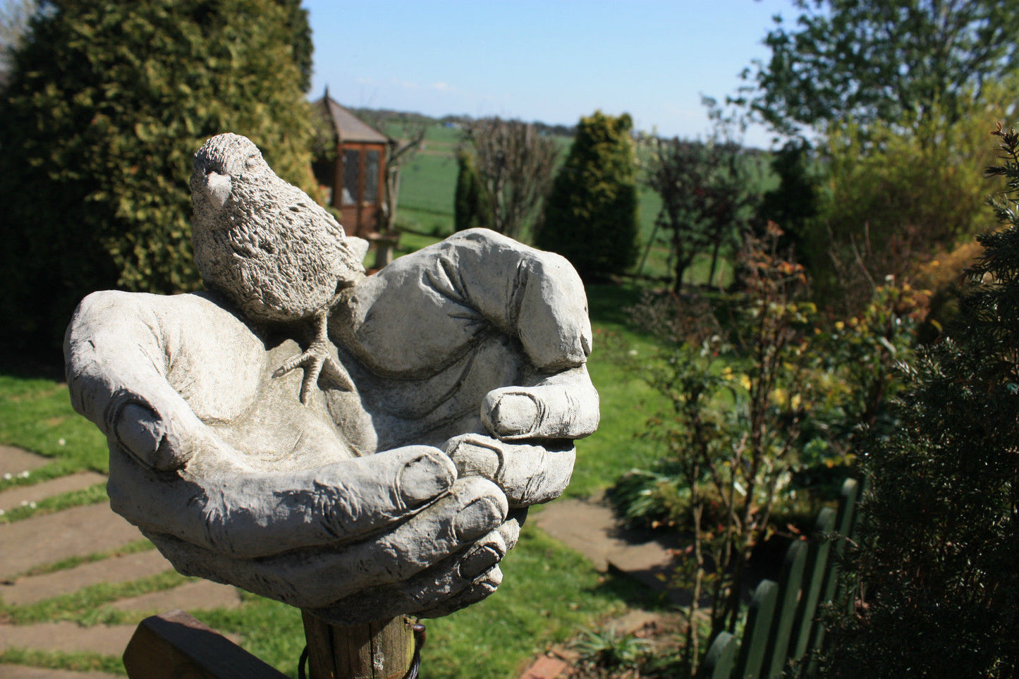 Stone Bird In Hands Bird Feeder/Bath