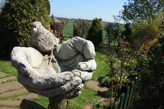 Stone Bird In Hands Bird Feeder/Bath