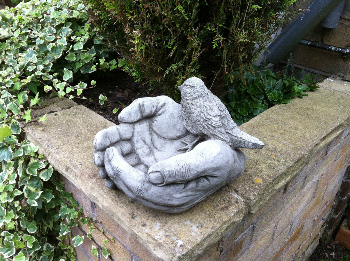 Stone Bird In Hands Bird Feeder/Bath