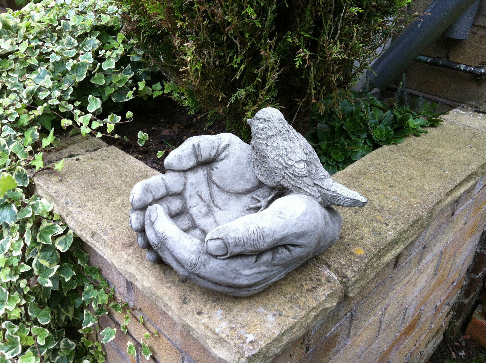 Stone Bird In Hands Bird Feeder/Bath