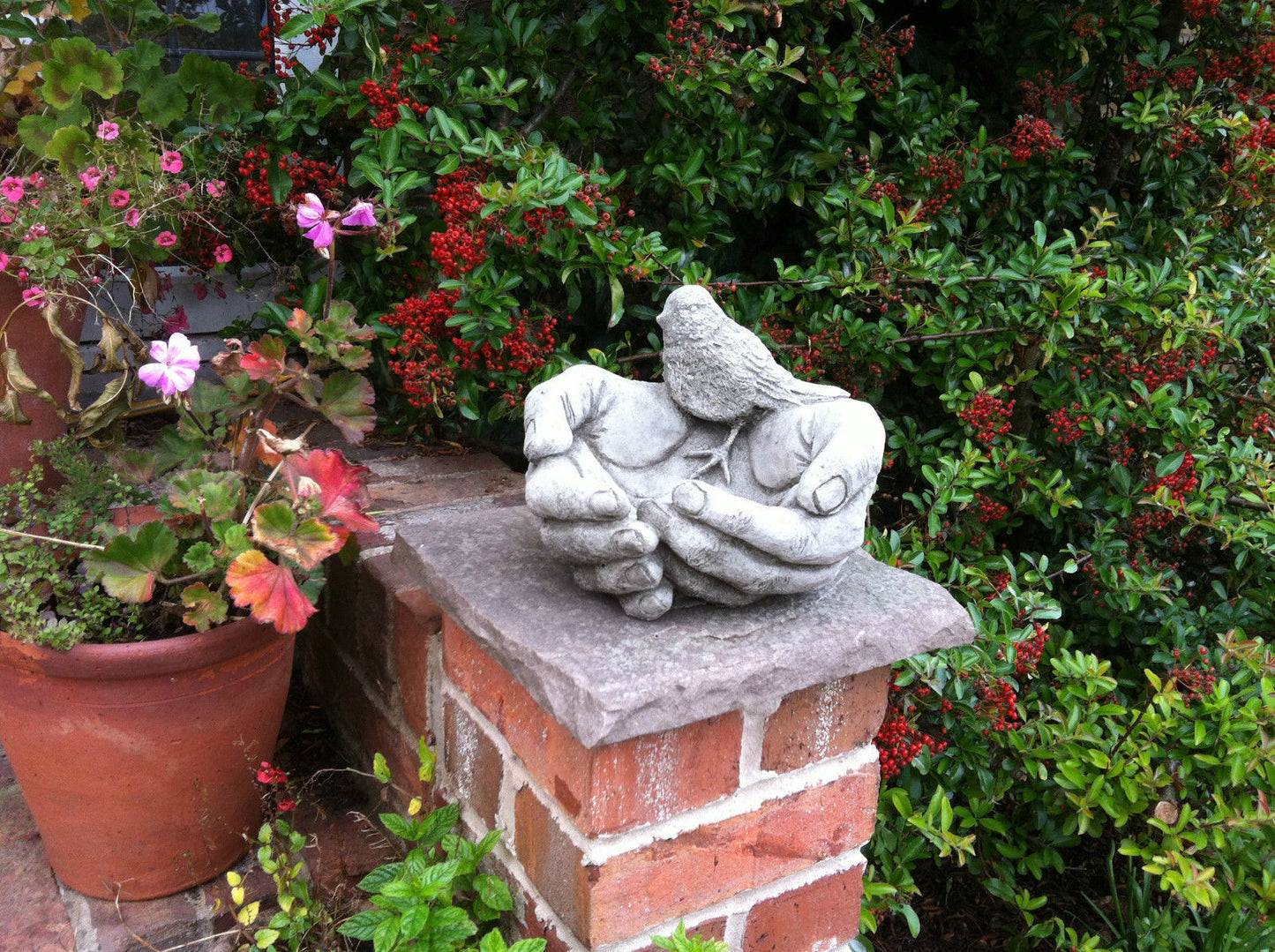 Stone Bird In Hands Bird Feeder/Bath