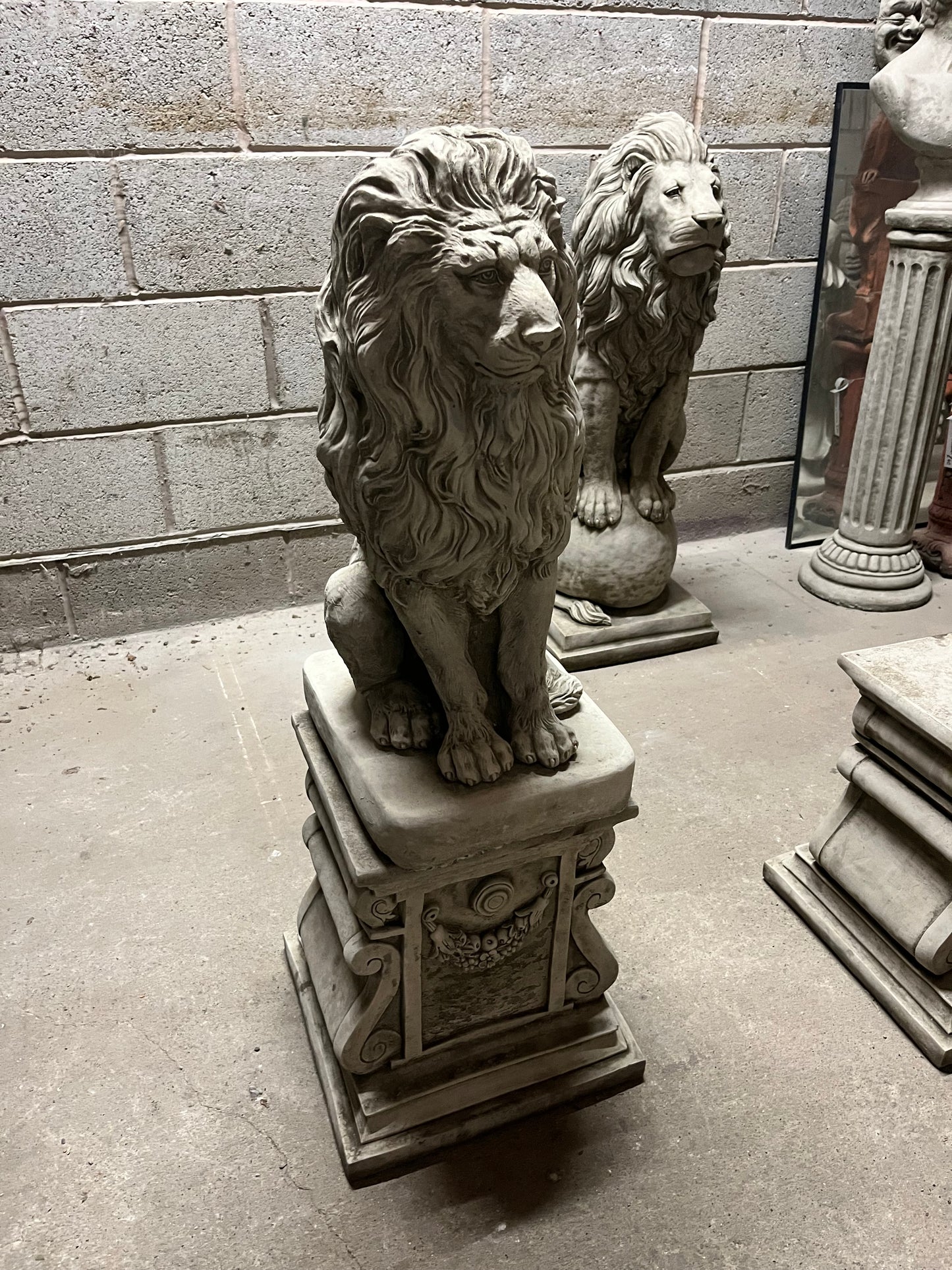 Set of Stone Lion Garden Statues with Plinth