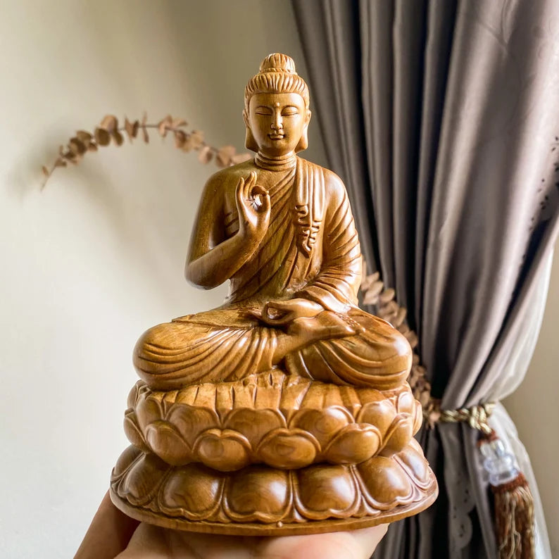 Front view of Wooden Abhaya Buddha Statue with detailed carving and serene expression, perfect for spiritual home decor or meditation spaces.