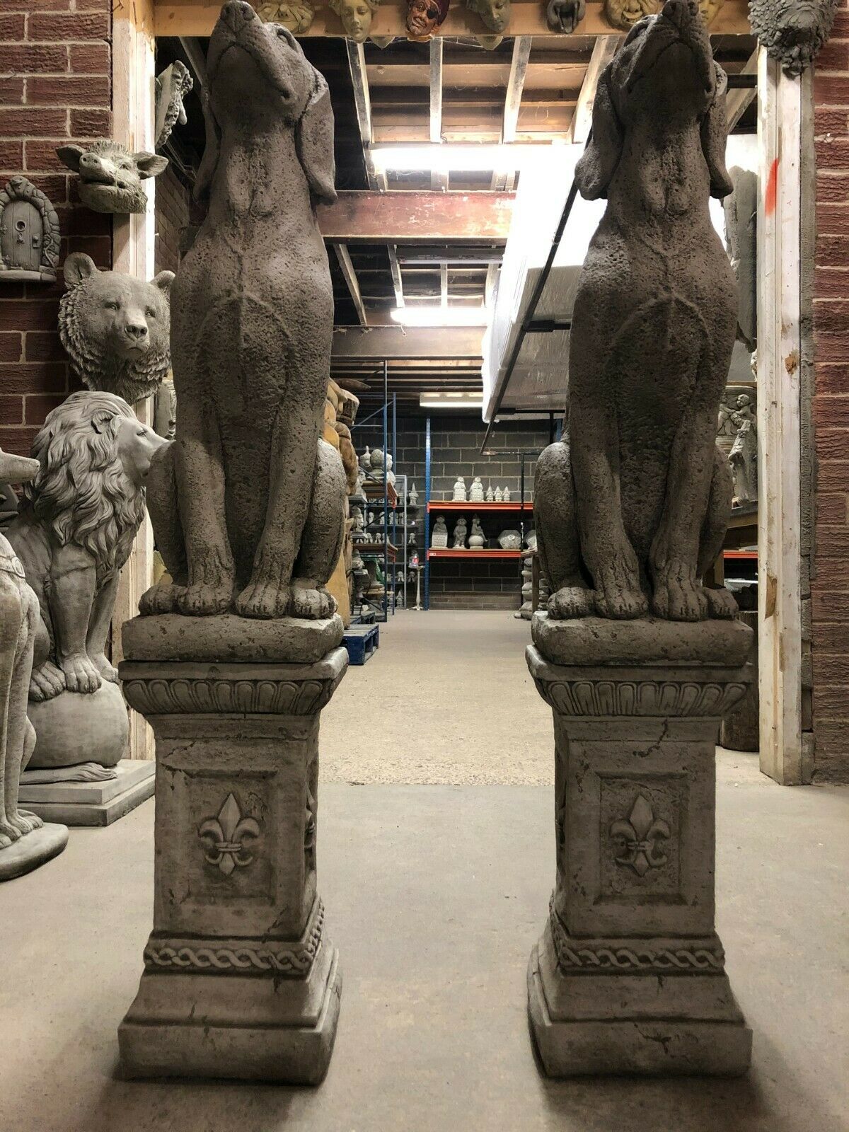 Pair of Stone Hound Dog Statues