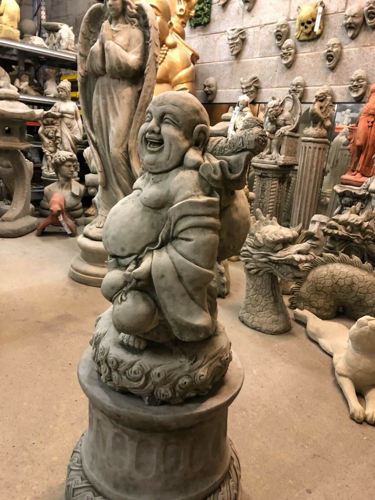 Stone Laughing Buddha Garden Statue with Plinth