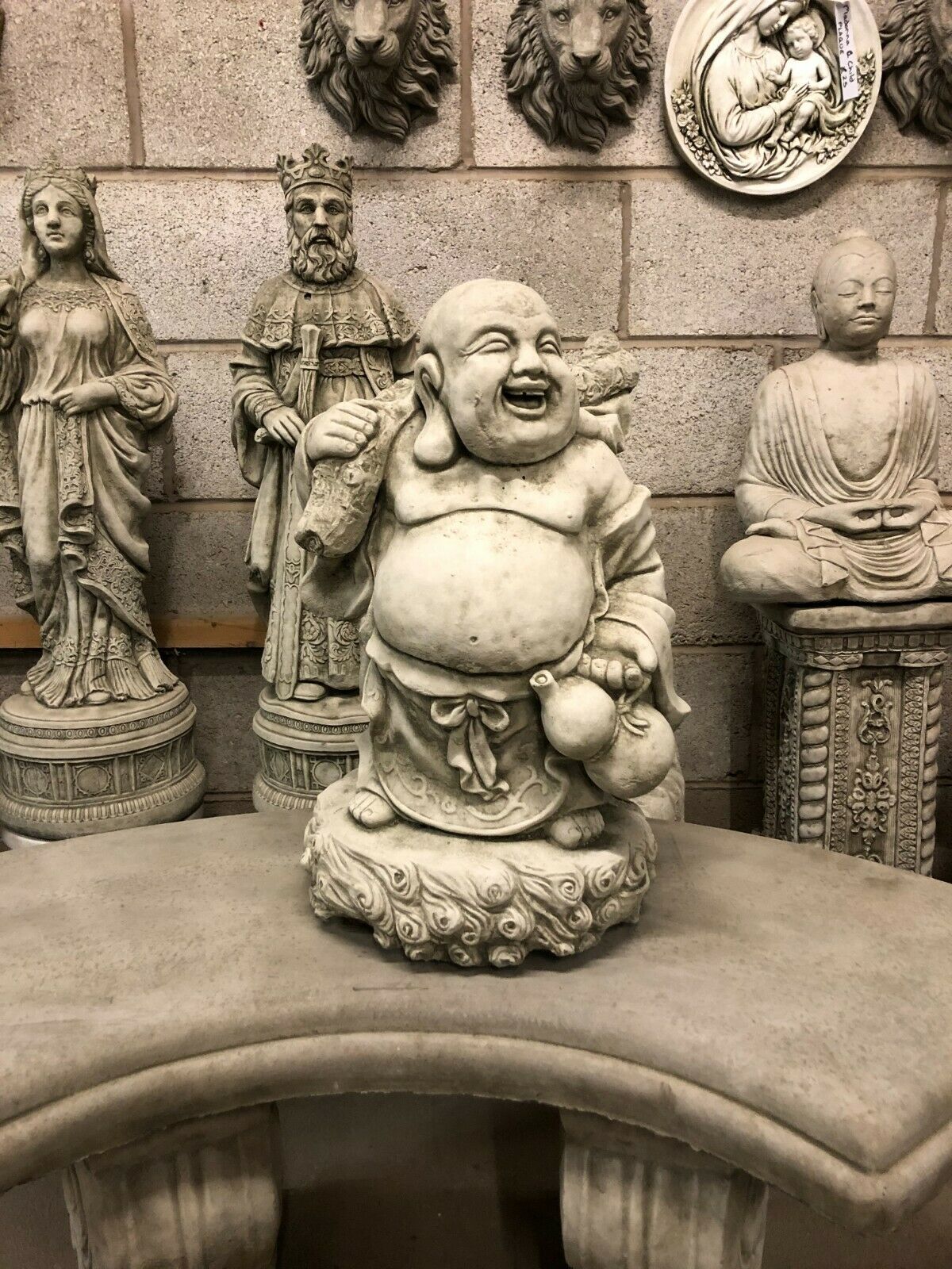 Stone Laughing Buddha Garden Statue with Antique Finish