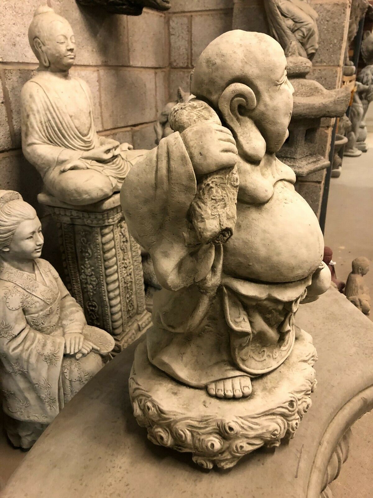 Stone Laughing Buddha Garden Statue with Antique Finish