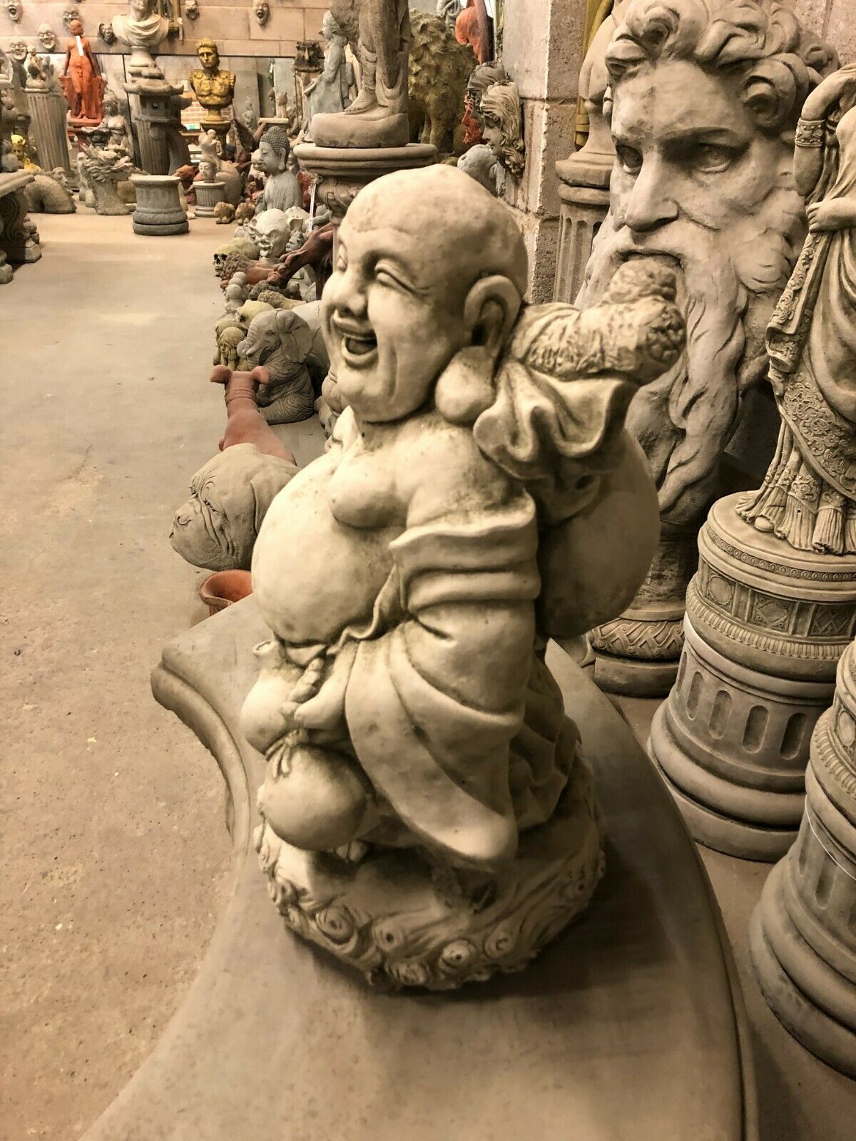 Stone Laughing Buddha Garden Statue with Antique Finish