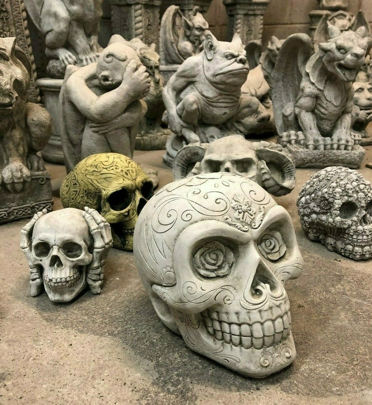 Antique Rose Stone Skull Garden Ornament