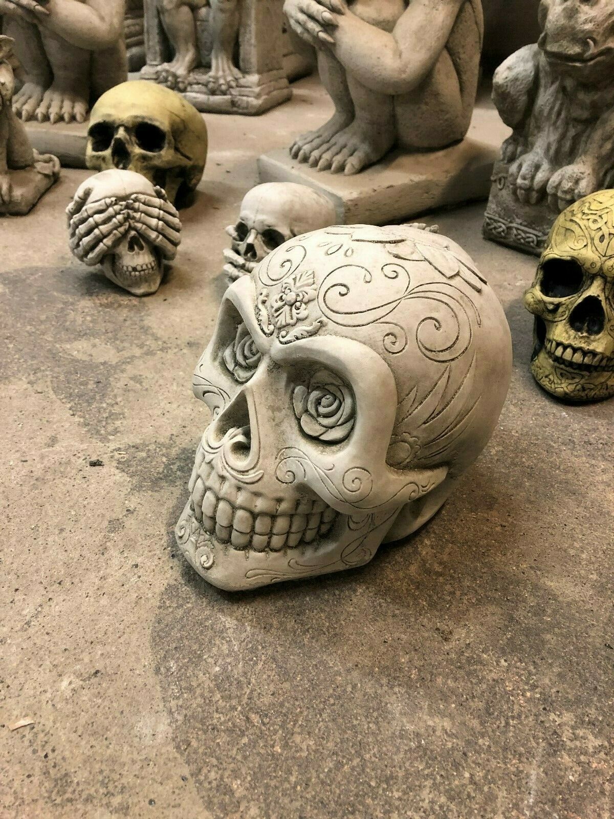 Antique Rose Stone Skull Garden Ornament