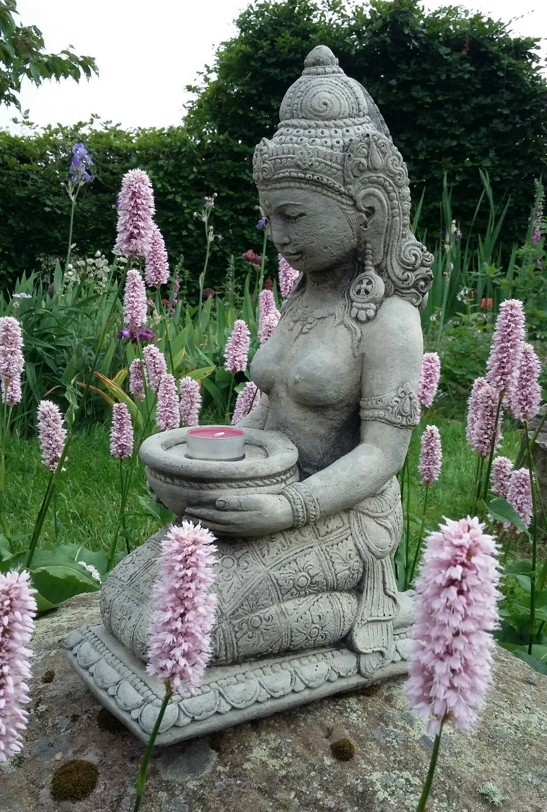Stone Praying Geisha Garden Ornament with Candle Holder