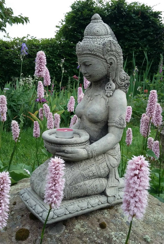 Stone Praying Geisha Garden Ornament with Candle Holder