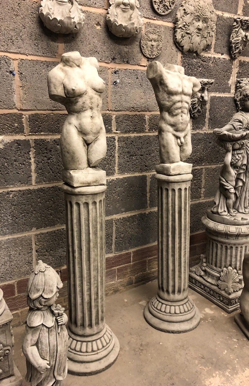 Stone Torso Statues for Gardens with Grecian Plinths