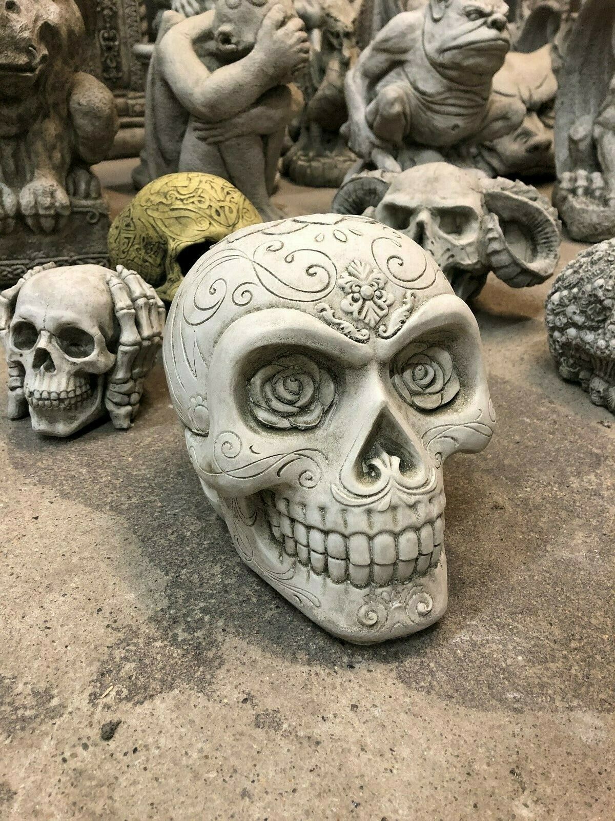 Antique Rose Stone Skull Garden Ornament