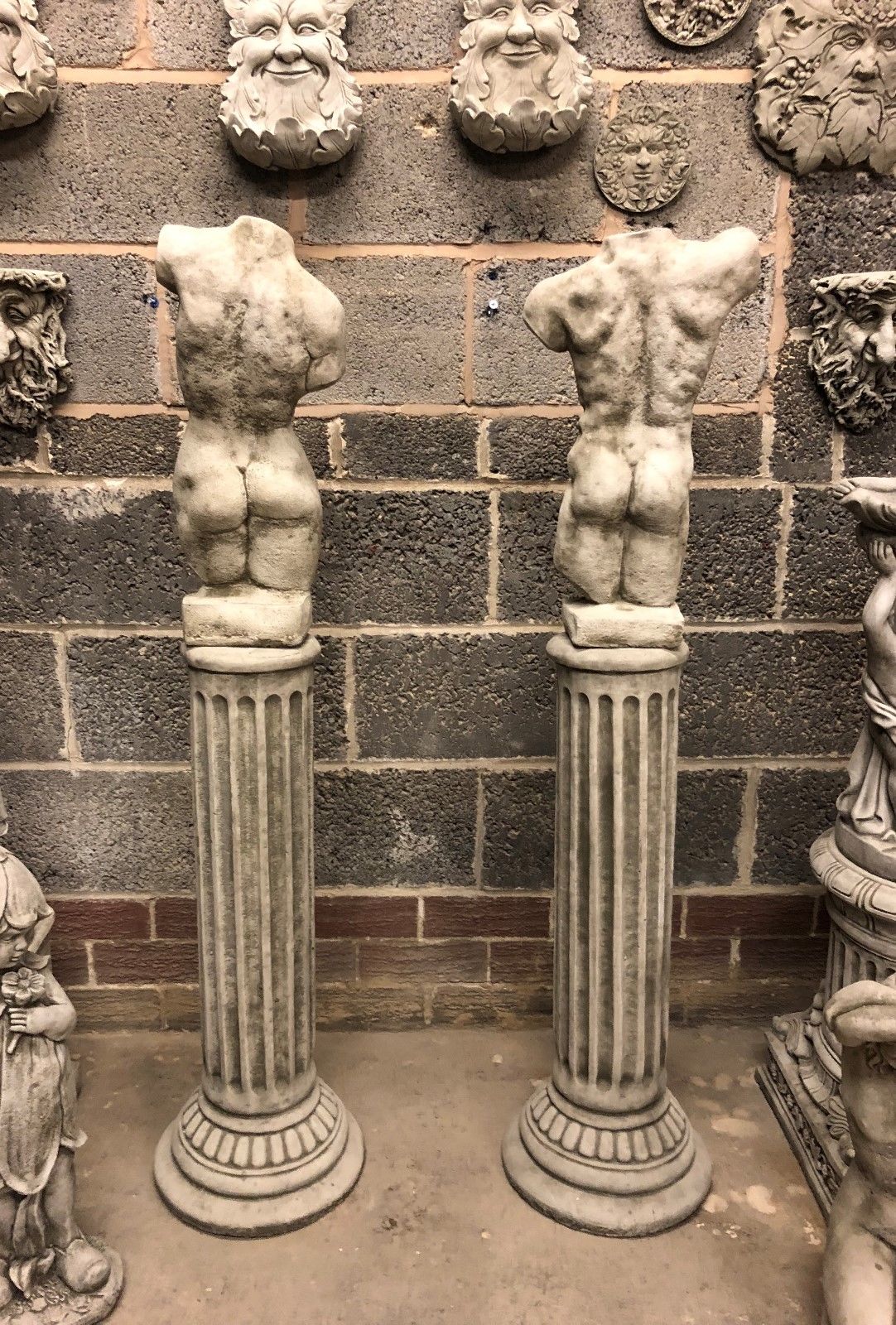 Stone Torso Statues for Gardens with Grecian Plinths