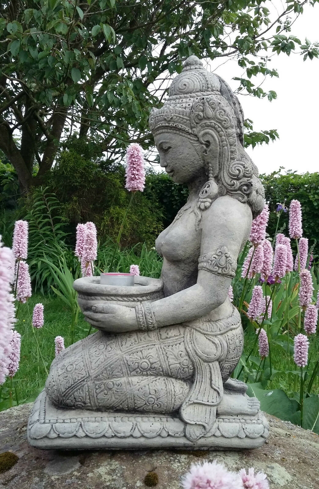 Stone Praying Geisha Garden Ornament with Candle Holder