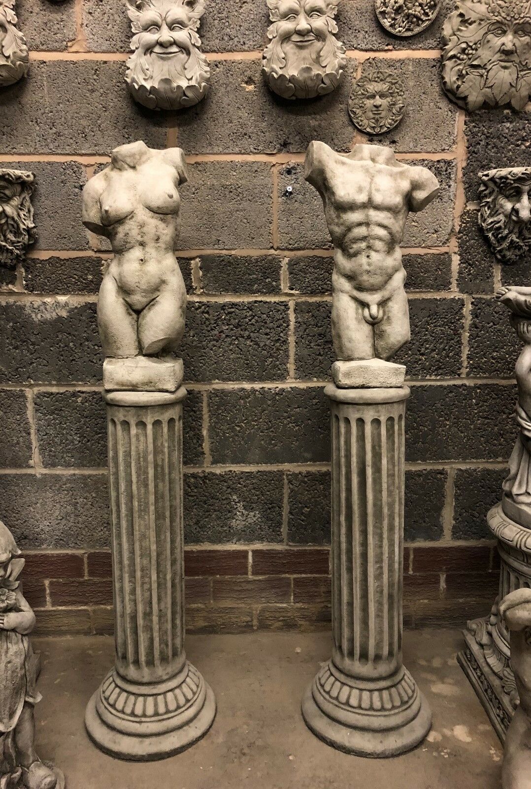 Stone Torso Statues for Gardens with Grecian Plinths