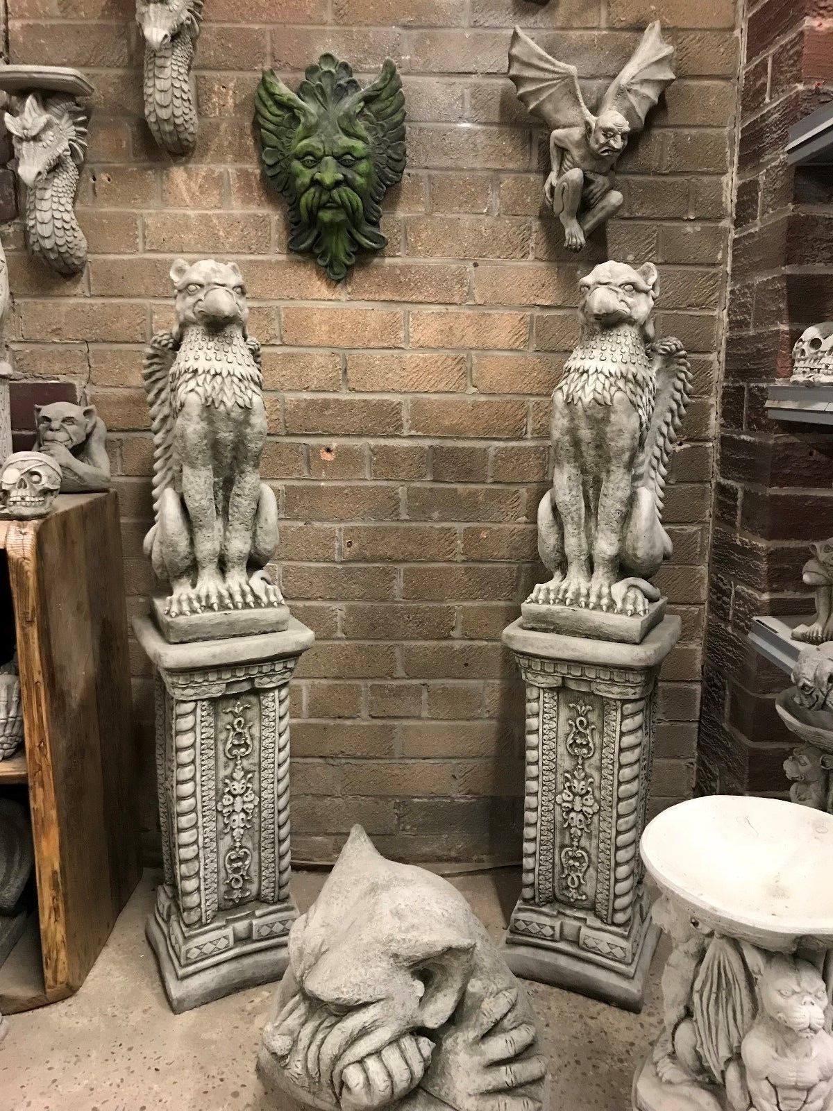 Pair of Stone Phoenix Plinth Statues