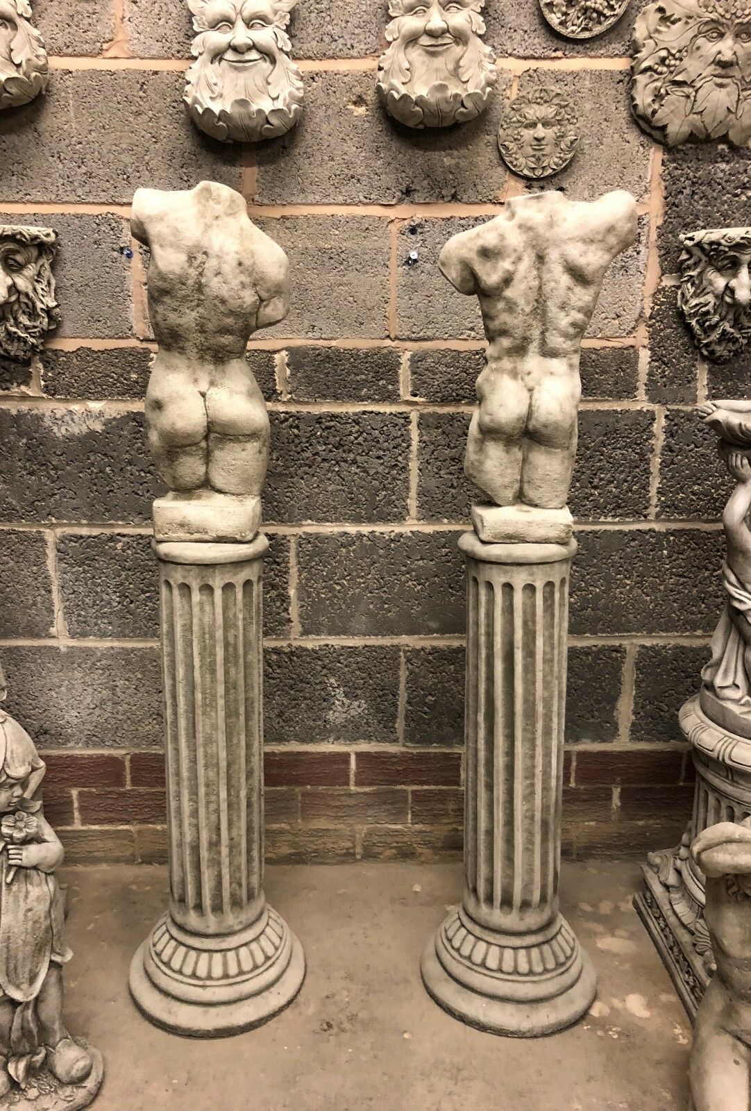 Stone Torso Statues for Gardens with Grecian Plinths
