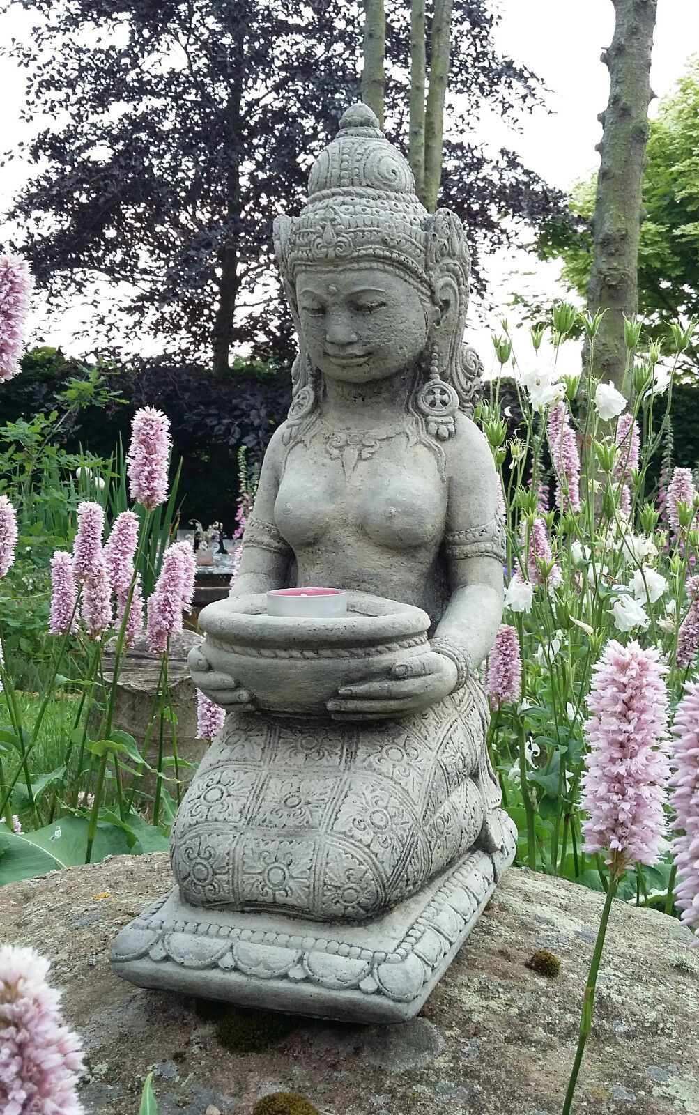 Stone Praying Geisha Garden Ornament with Candle Holder