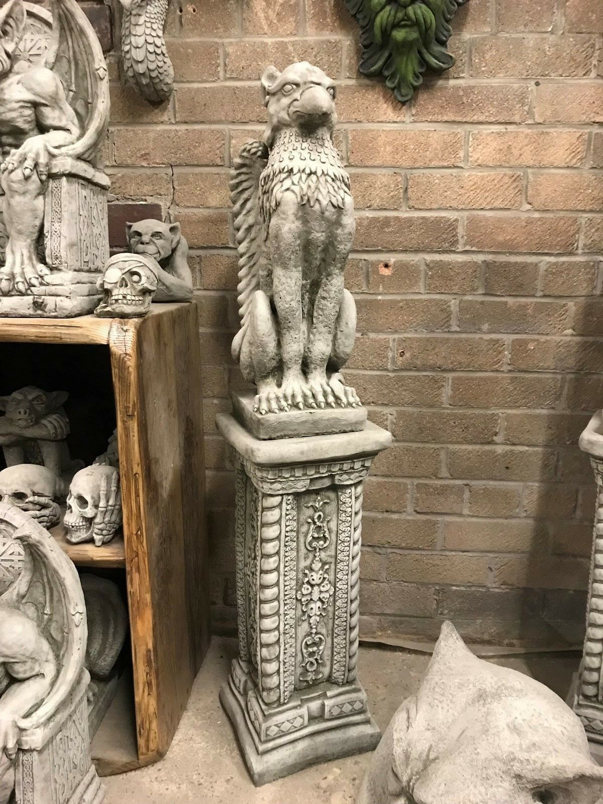 Pair of Stone Phoenix Plinth Statues