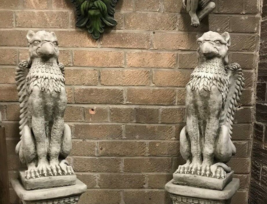 Pair of Stone Phoenix Plinth Statues