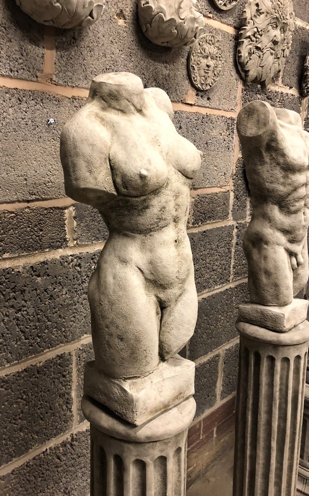 Stone Torso Statues for Gardens with Grecian Plinths