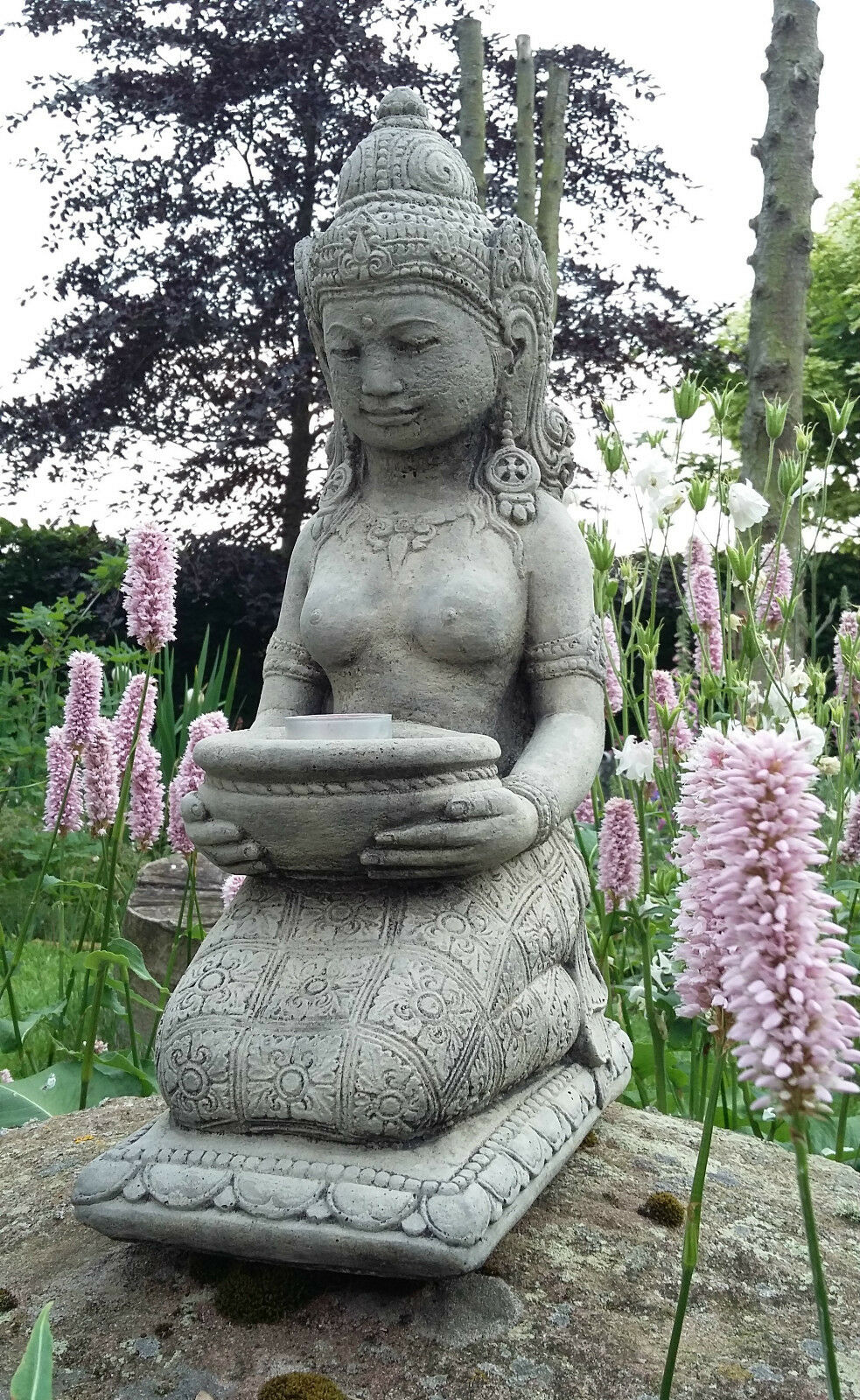 Stone Praying Geisha Garden Ornament with Candle Holder