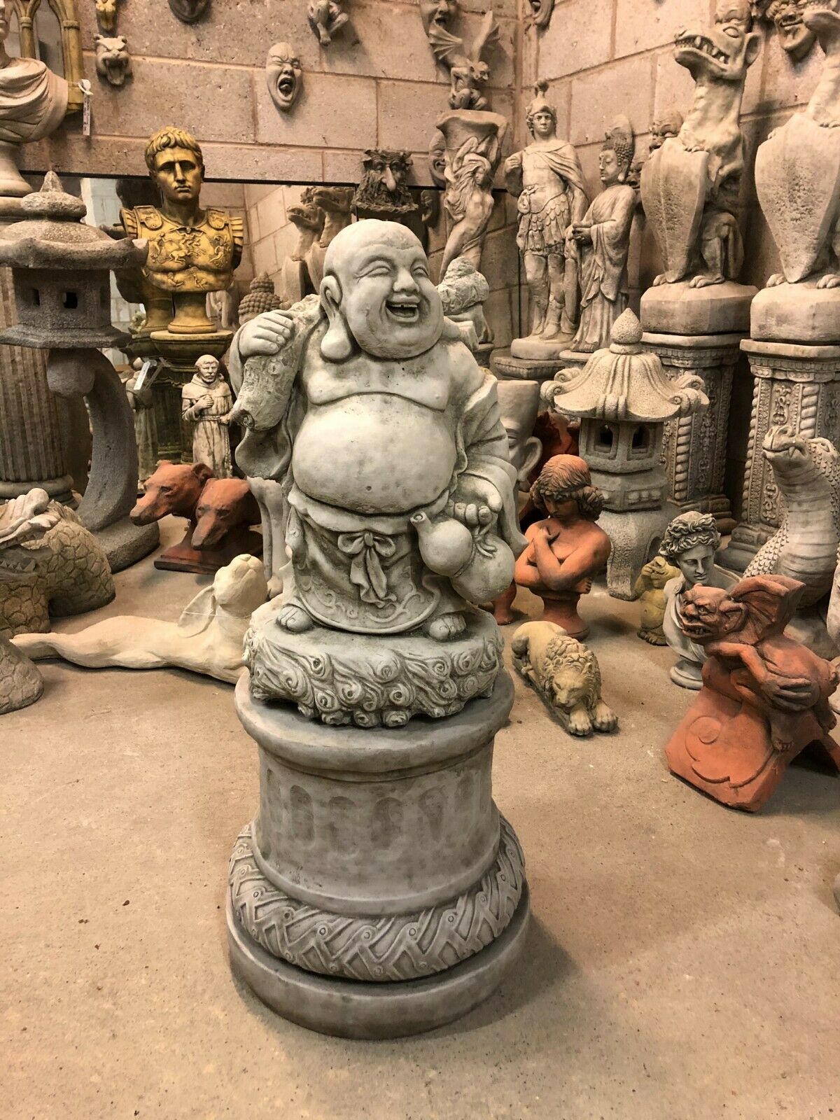 Stone Laughing Buddha Garden Statue with Plinth