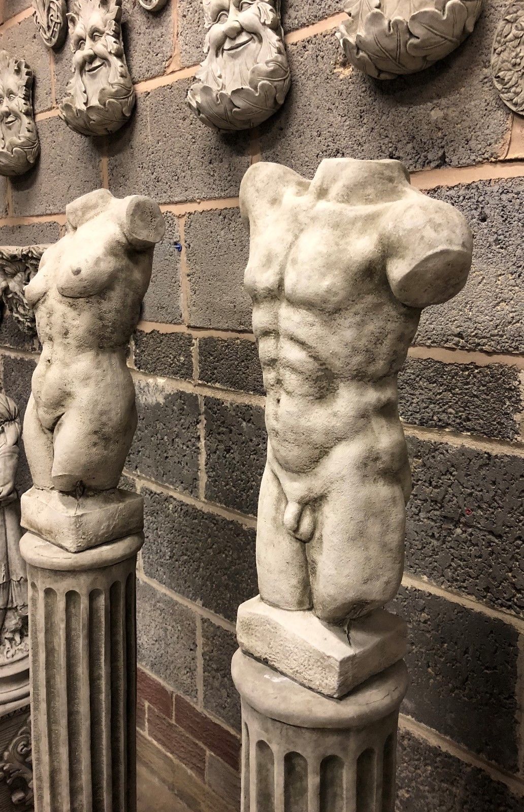 Stone Torso Statues for Gardens with Grecian Plinths