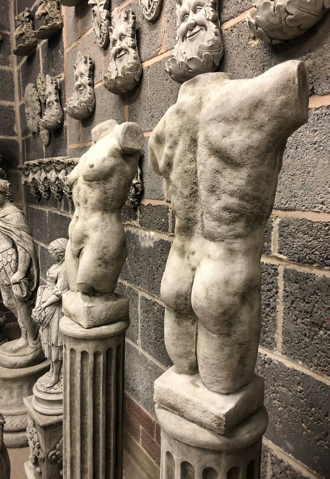 Stone Torso Statues for Gardens with Grecian Plinths