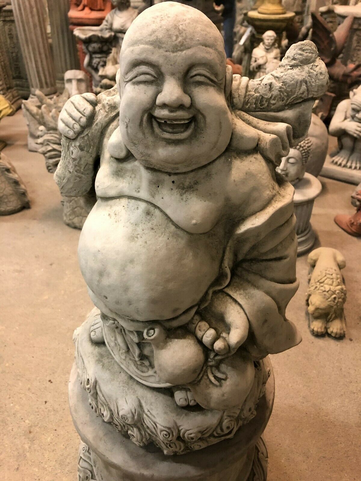 Stone Laughing Buddha Garden Statue with Plinth