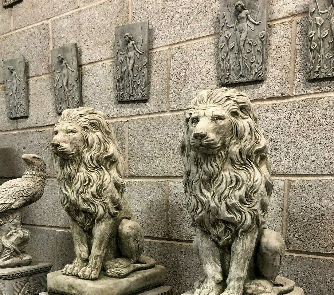Pair of Stone Lion on Plinth Statues