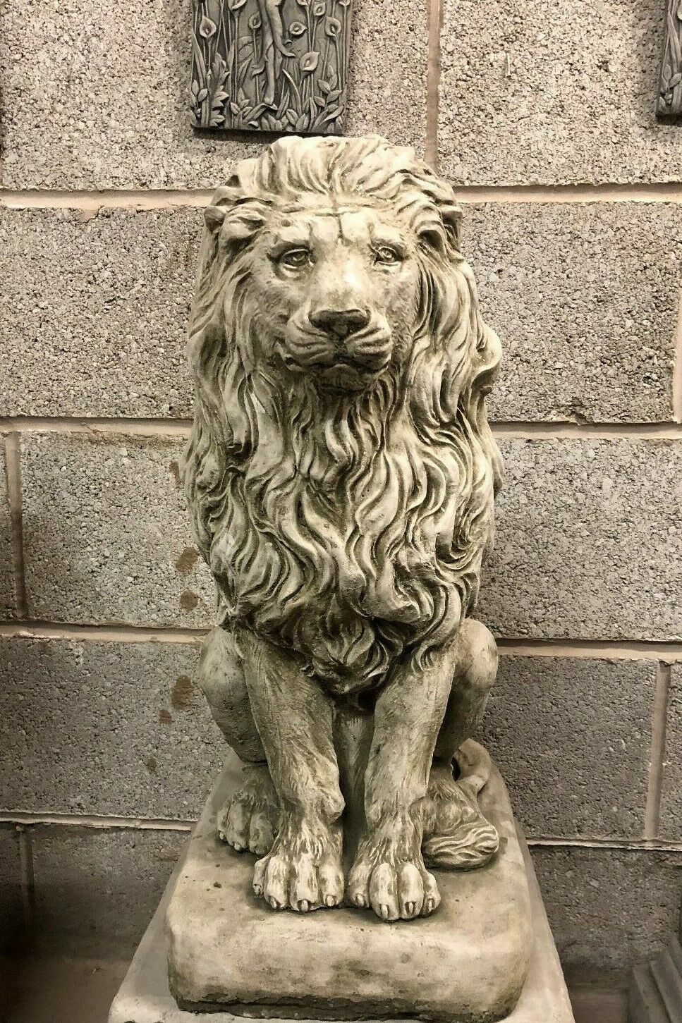 Pair of Stone Lion on Plinth Statues