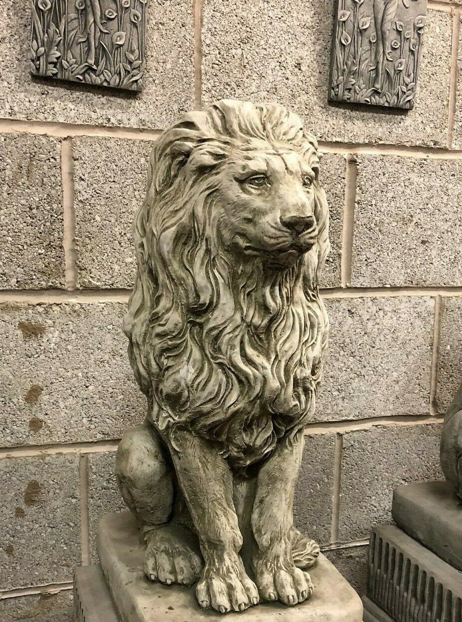 Pair of Stone Lion on Plinth Statues