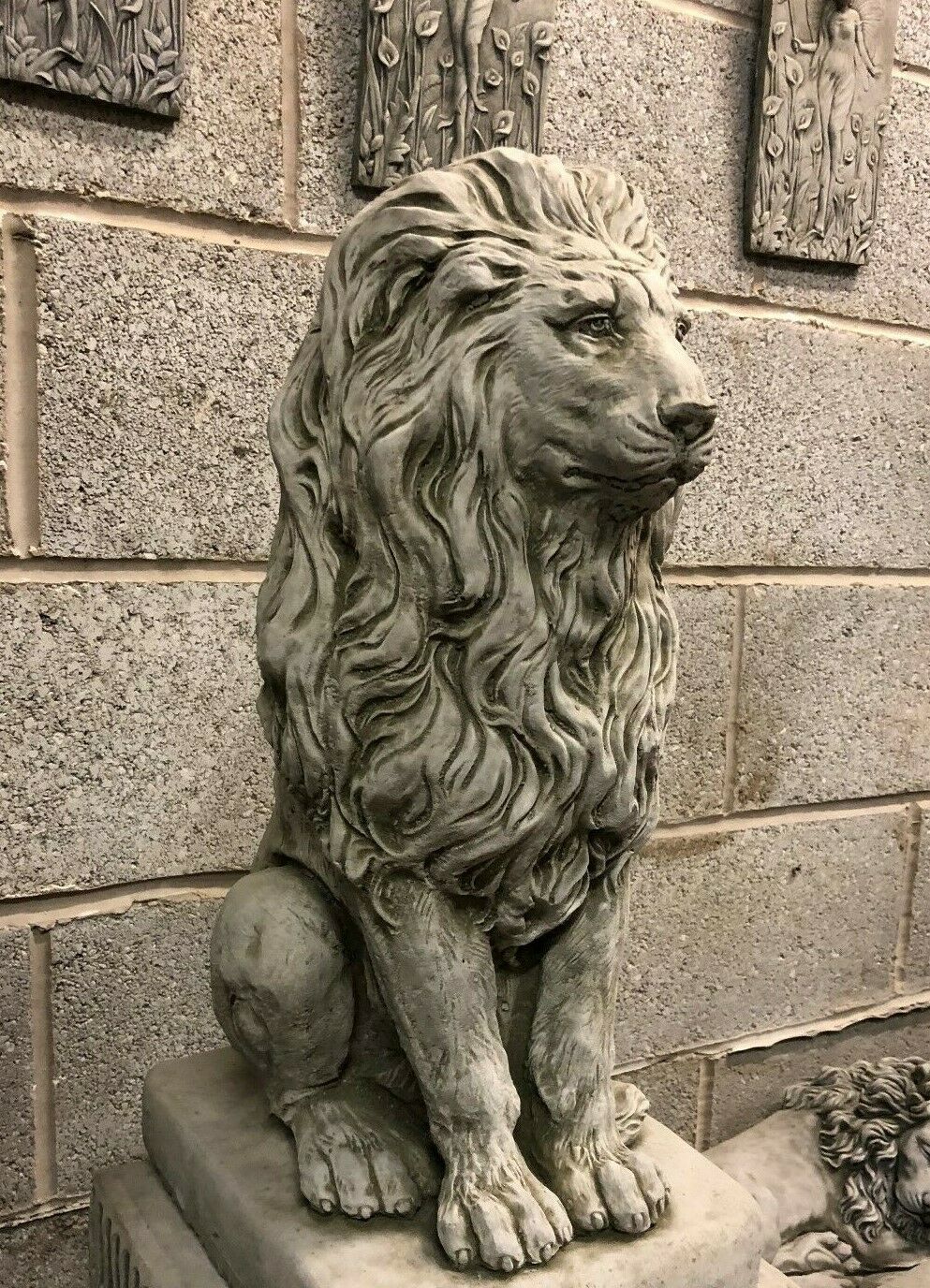 Pair of Stone Lion on Plinth Statues
