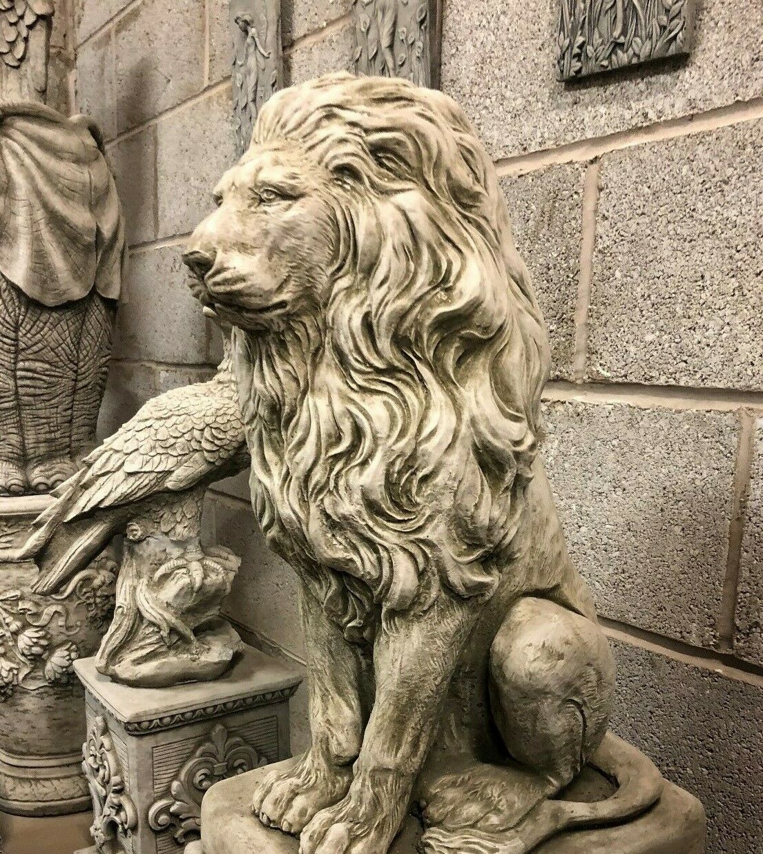Pair of Stone Lion on Plinth Statues