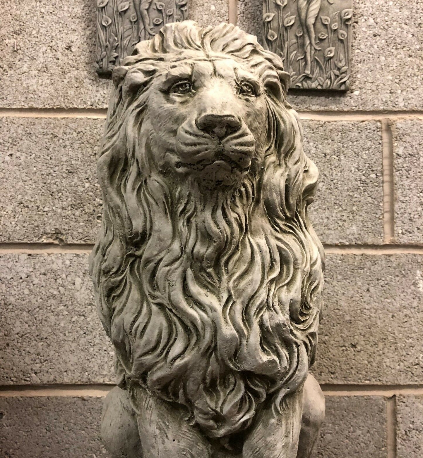 Pair of Stone Lion on Plinth Statues