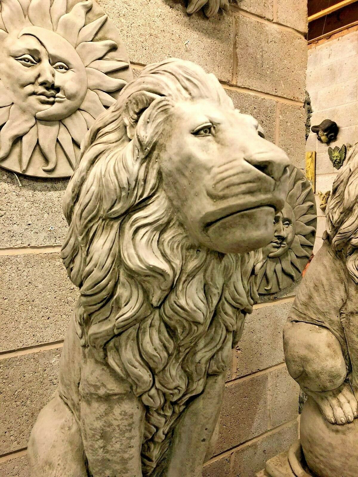 Pair of Large Stone Lion on Ball Plinth Statues