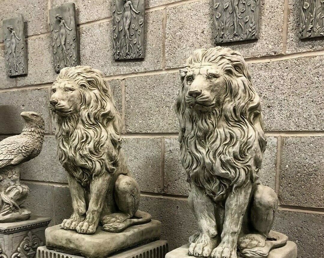 Pair of Stone Lion on Plinth Statues