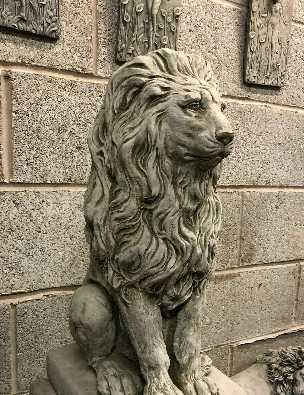 Pair of Stone Lion on Plinth Statues